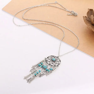 2016 New Bohemia Style Retro Tassel Feathers Turquesa Pendant Necklace 78cm Dream catcher Sweater Necklaces For Women Girl