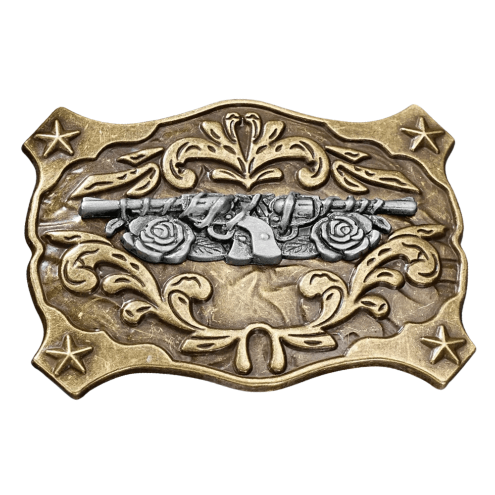 Bältespänne med revolvrar och rosdekor i västernstil Guld
