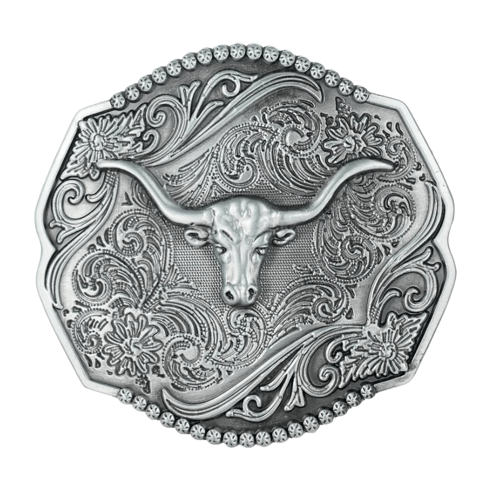 Bältespänne oktagonal med tjurskalle i relief Silver