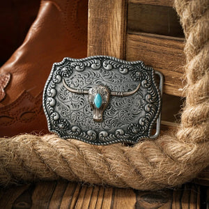 Bältespänne silverfärgat med turkos sten och westernmotiv