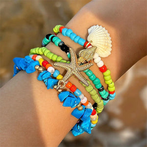 Boho Läderarmband med Turkosa Pärlor och Berlocker Stil 5st flerfärgad
