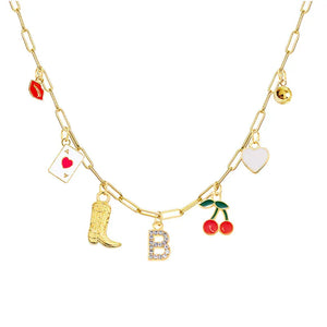 Boho Red Lips Cherry Heart Letter Charm Necklace Gold Plated Boots Crystal Initials Necklaces Cowgirl Beach Jewelry B