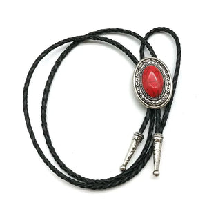 Bolo tie med oval sten och flätat läderband Röd