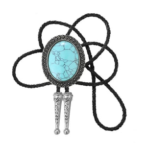Bolo tie med stor oval sten och handflätad läderrem Himmelsblå