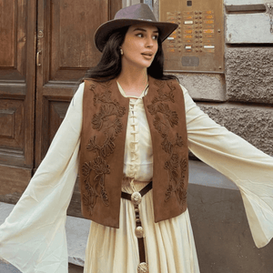 Broderad Fuskmocka Väst Dam Kort Modell Brun / XS