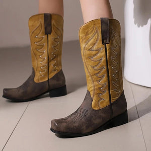 Tvåfärgade Höga Cowboyboots med Fyrkantig Tå för Dam