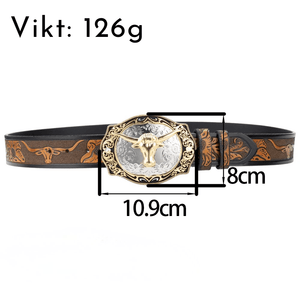Cowboybälte i läder tjurhuvudspänne
