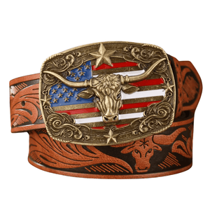 Cowboybälte med amerikansk flagga och Tjurspänne Guld brun / 120cm
