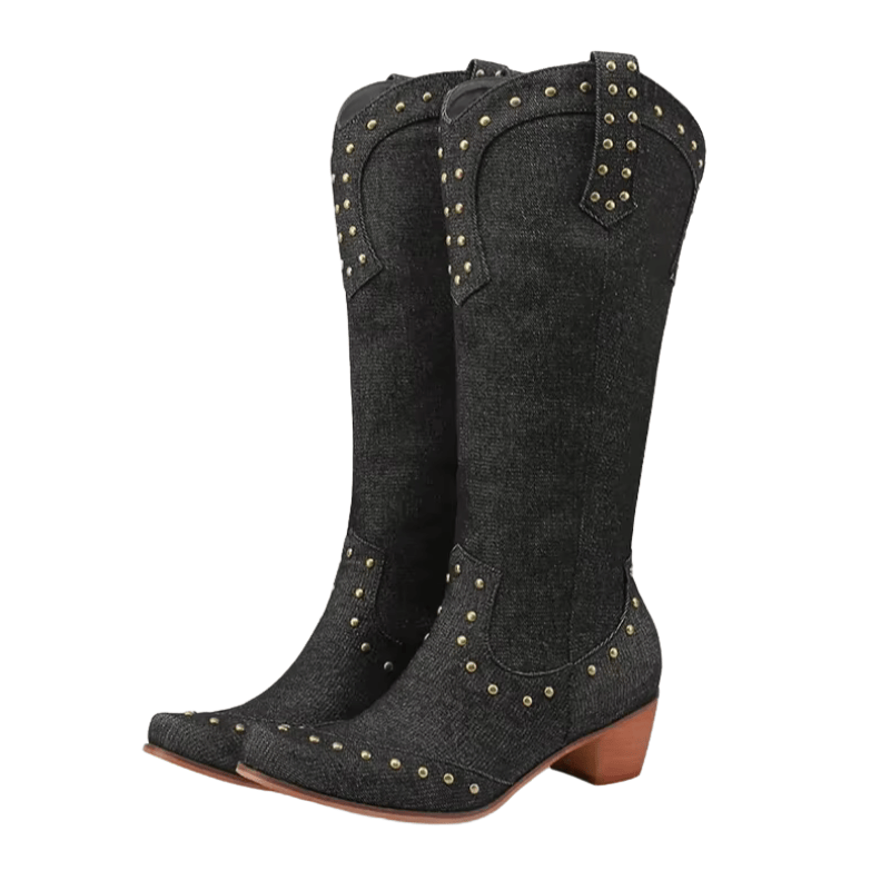 Cowboyboots Denim med Nitar och Blockklack