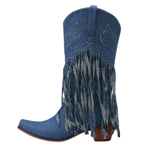 Cowboyboots i denim med fransar och blockklack