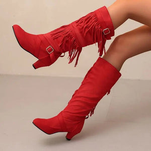 Cowboyboots med tofsar och spänndetaljer i mockalook