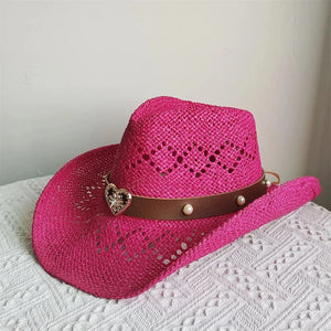 Cowboyhatt i halm med hjärta Fuchsia