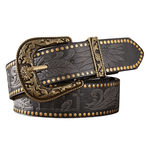 Dam westernbälte med graverat blomspänne Grå Guld / 120cm