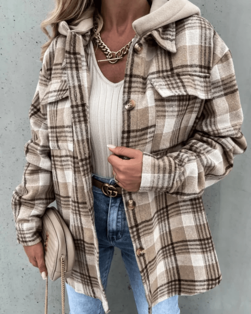 Fodrad rutig hoodie-skjorta dam Kaki / S