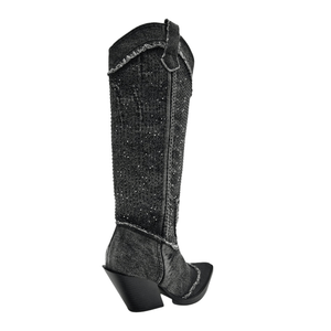Höga Cowboyboots i Denim med Strass