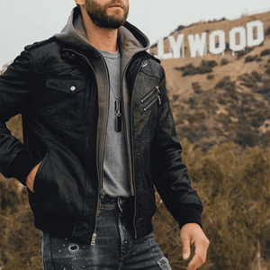 Jacka läder huva