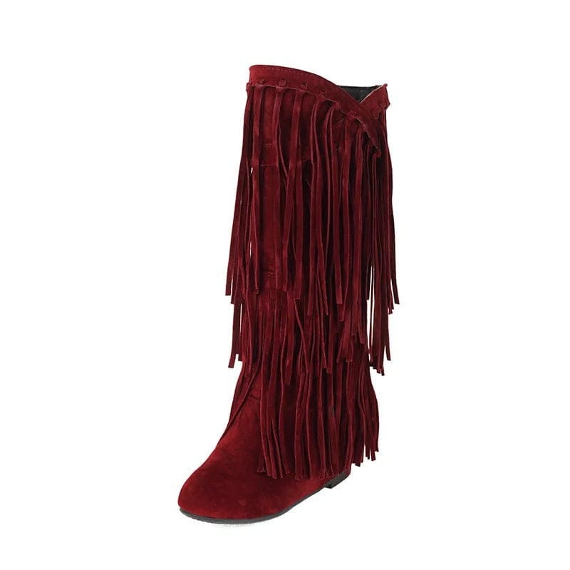 Knee-high cowboyboots med långa mockafransa Vinröd / 36