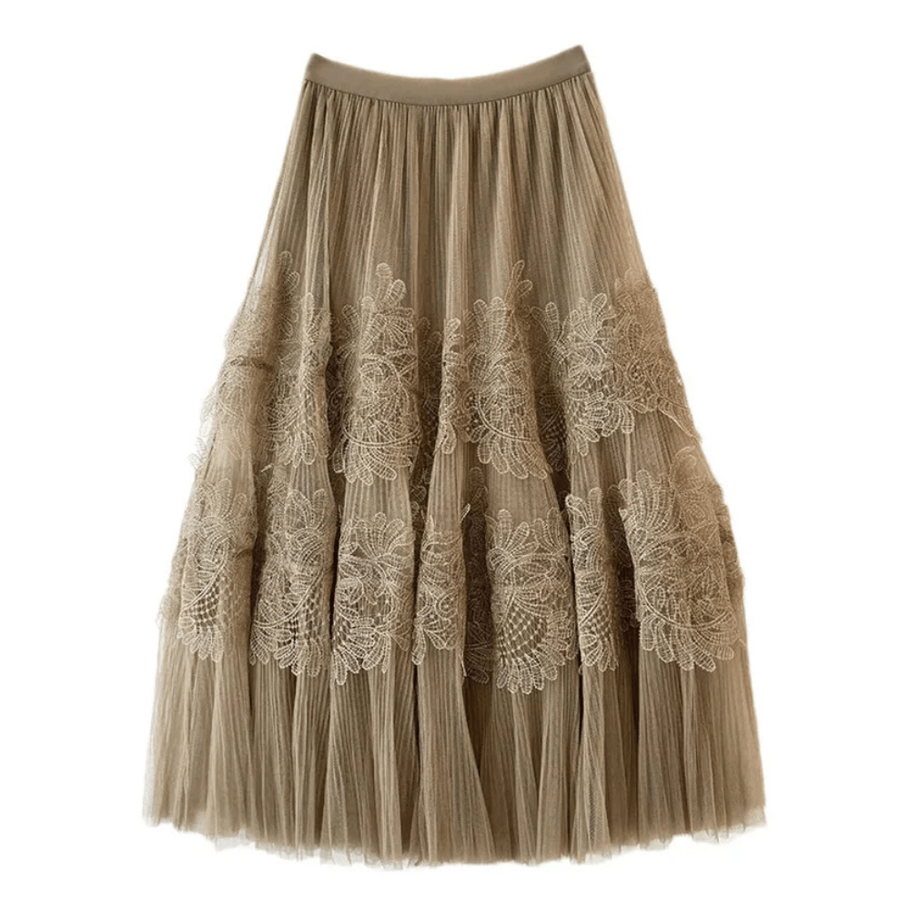Lång plisserad tyllkjol med spetsvolanger Khaki / One Size