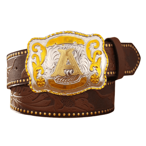 Mörkbrunt westernbälte med guldsilverfärgat initialspänne A / 120cm