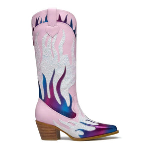 Rosa Höga Cowgirl Boots med Flammor