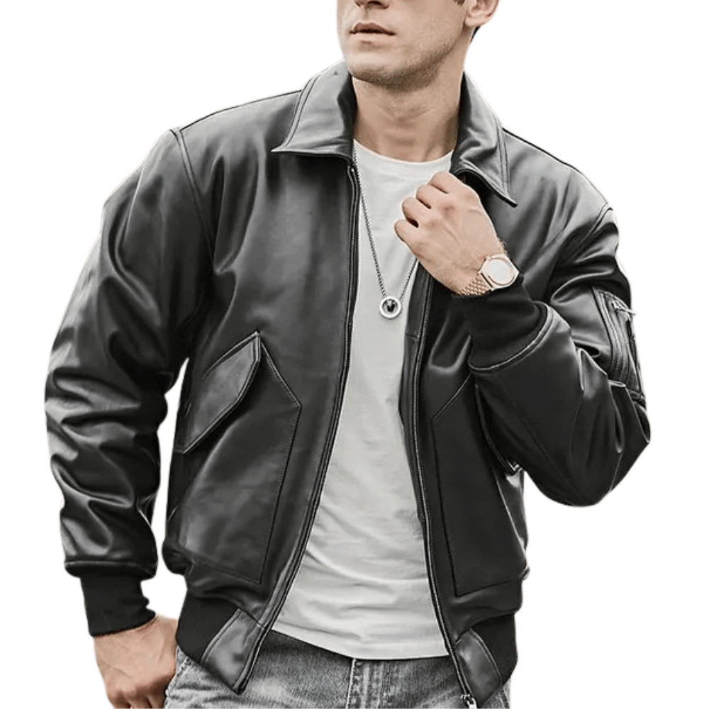 Svart pilot bomber jacka läder herr Svart / S