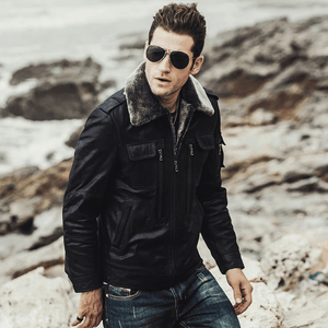 Svart skinn shearling jacka herr