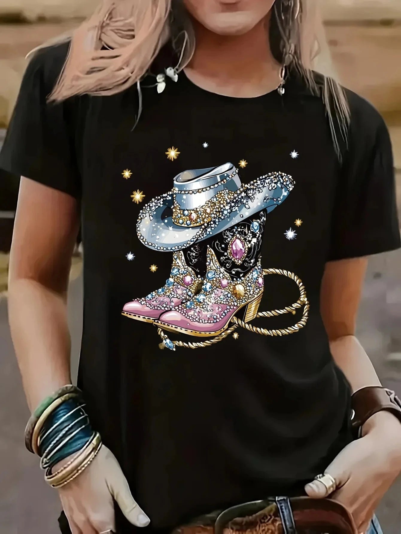 T-shirt med glittrande cowgirlboots och hatt Svart / XS