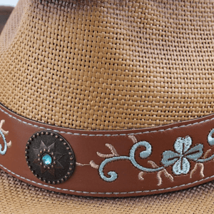 Vintage Stråcowboyhatt med Broderade Detaljer Beige strå / 56-58cm