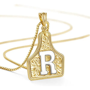 Western Cowgirl Initial Necklace Cowboy A-Z Letter Pendant Necklace for Women Handmade CowTag Two-Toned Jewelry Gift R / With cowboy box