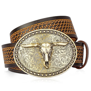 Westernbälte i Präglat Läder med Guldfärgat Longhorn-spänne Cognac 2 / 105cm