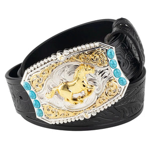 Westernbälte i tvålagersläder med guldpräglat hästmotiv och turkosa detaljer Svart / 95cm