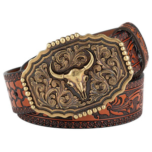 Westernläderbälte antikt longhornspänne Orange / 130cm