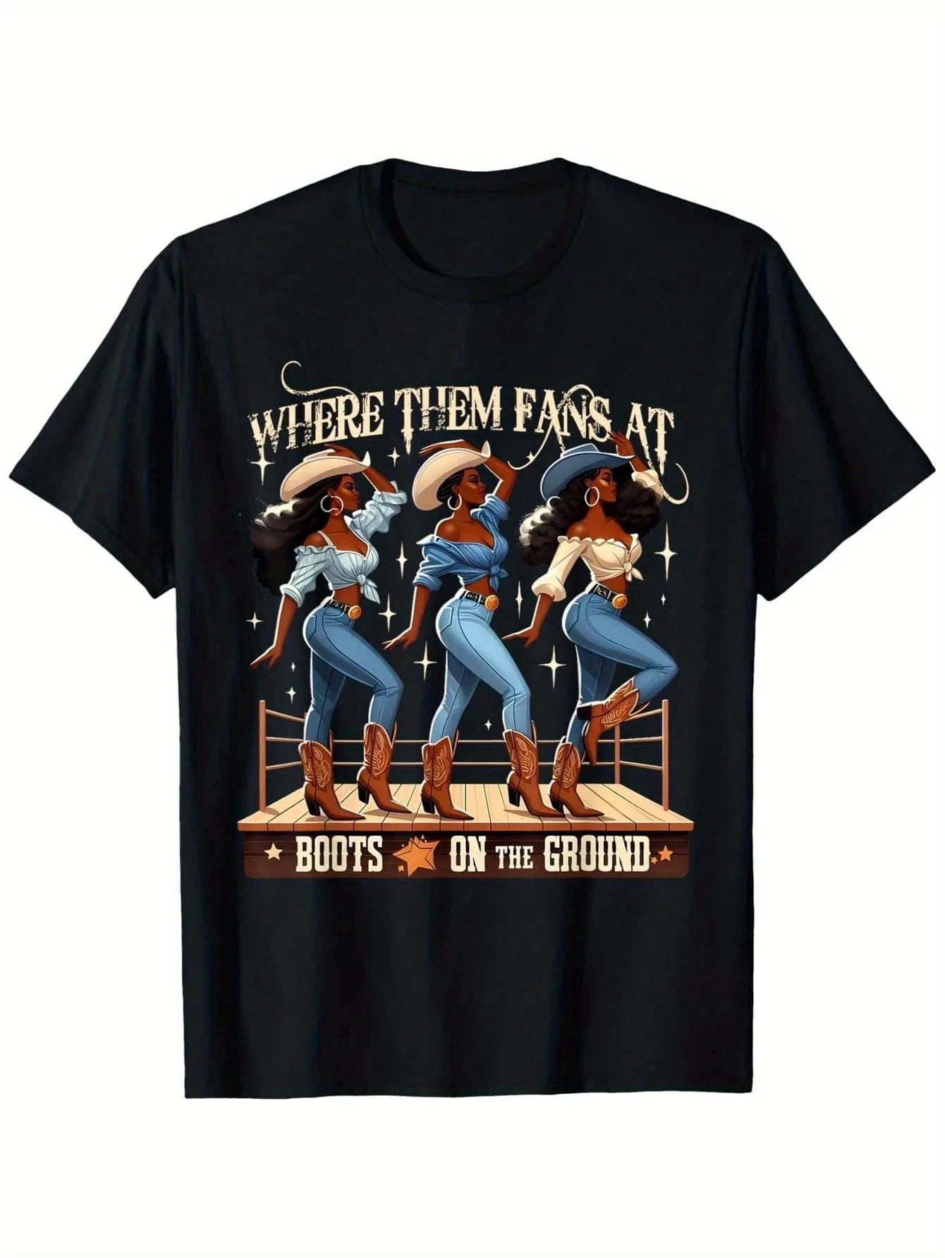 "Where Them Fans At Boots On The Ground" cowgirl T-shirt Svart / S
