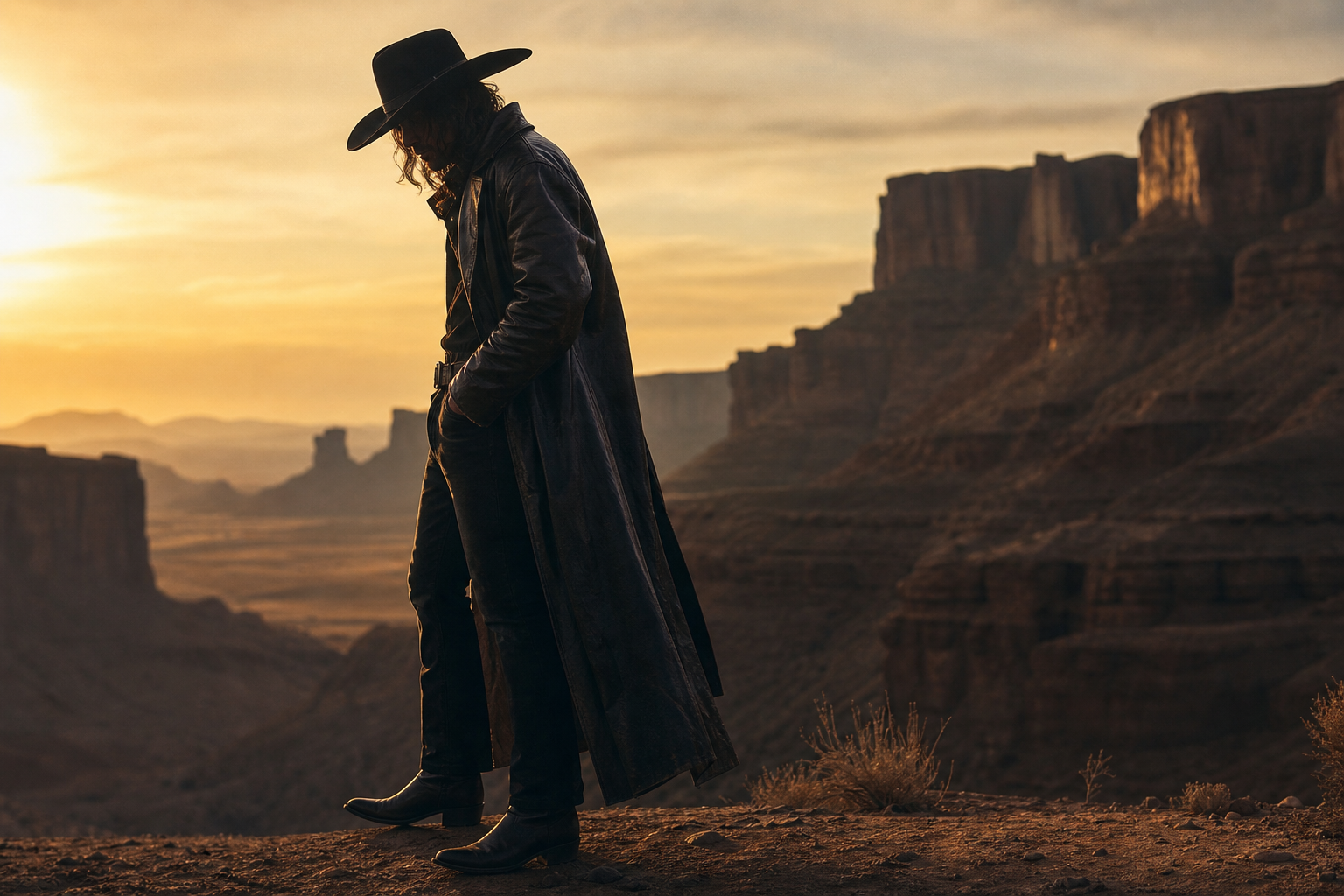 Silhouette dramatique en tenue western sombre, manteau en cuir, bottes à bout pointu, éclairage cinématographique