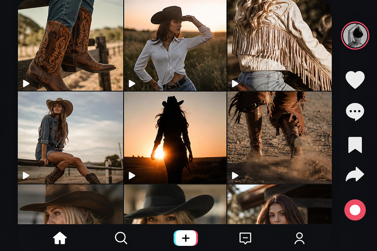 Interface stylisée d'un feed TikTok avec des vignettes de contenus western : bottes, looks, transitions