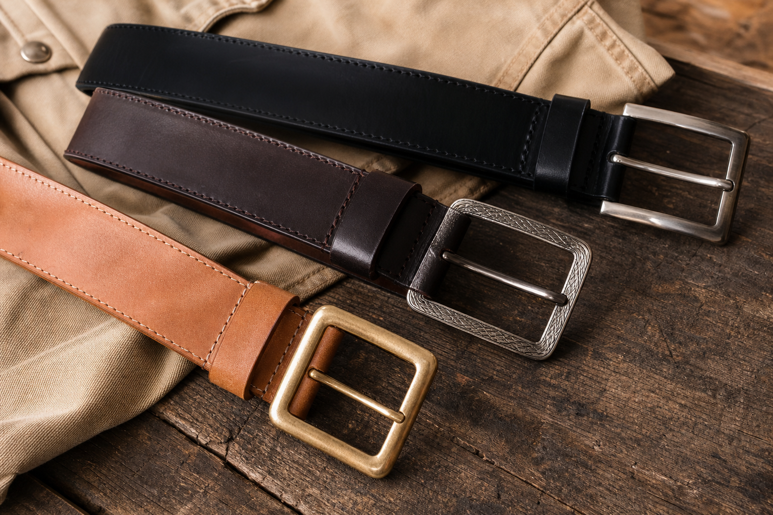 Trois ceintures western en cuir — naturel, brun foncé et noir — avec différentes boucles rectangulaires