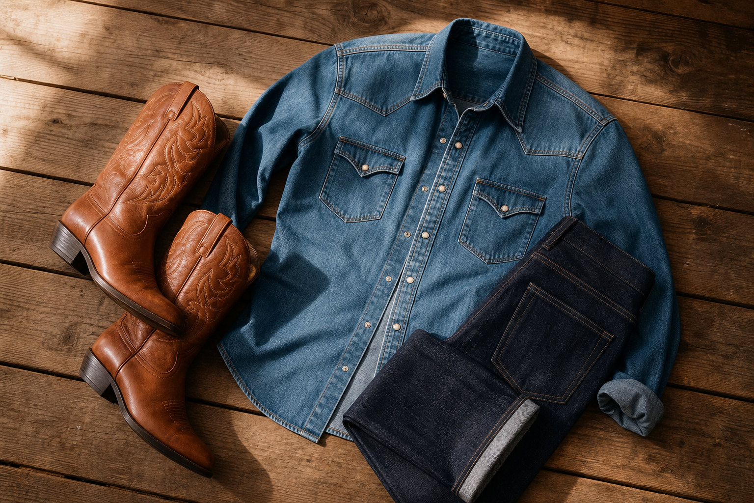Flat lay des trois fondations western : santiags cognac, jean droit brut et chemise western en denim