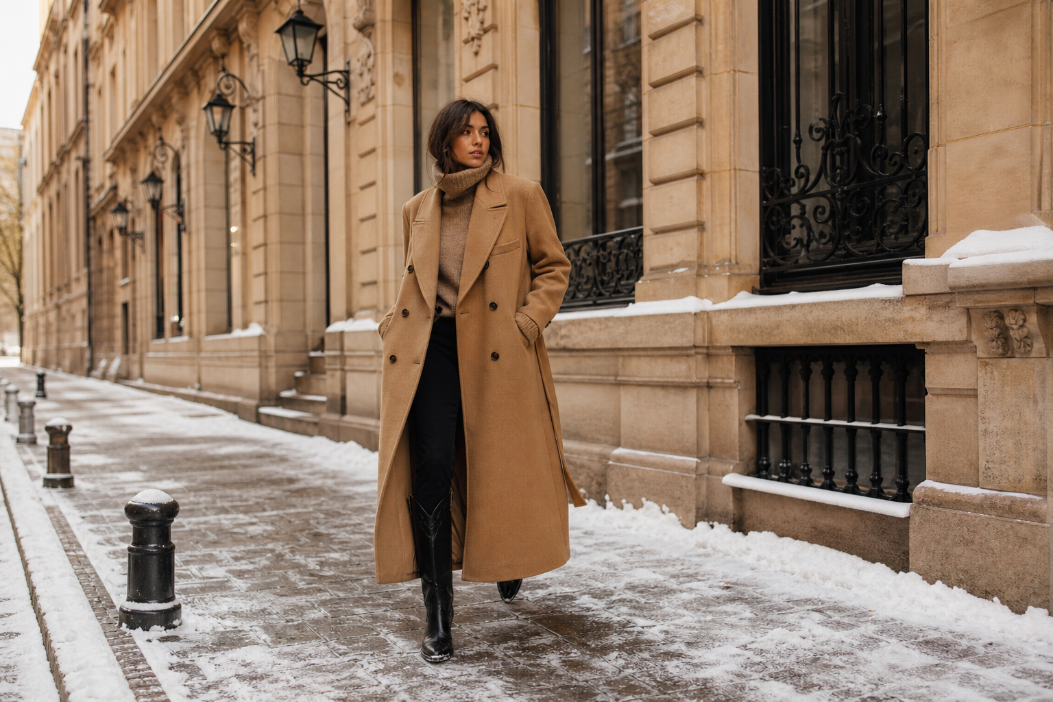 Femme en manteau long camel et santiags noires sur pavés enneigés, look hivernal élégant