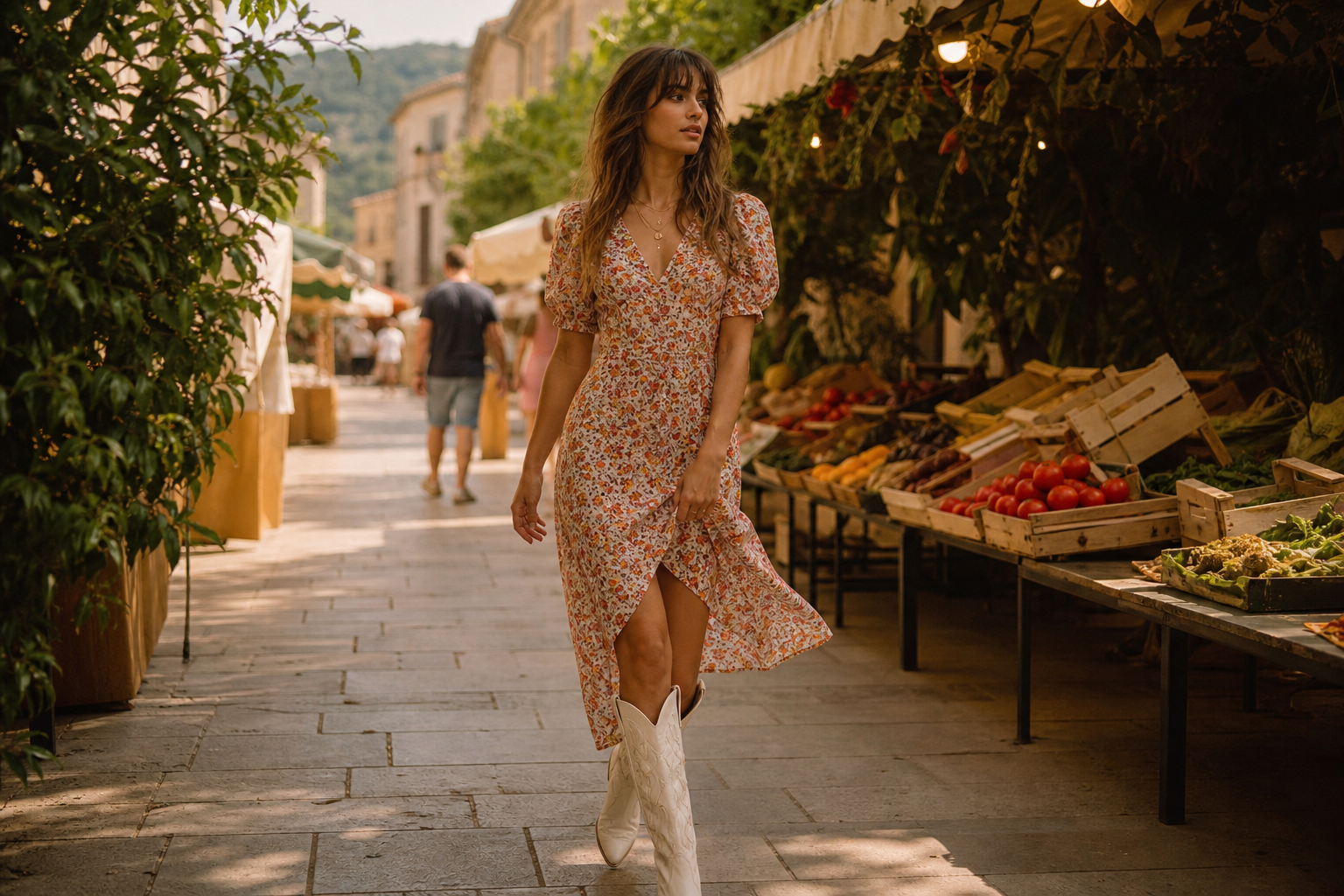 Femme en robe d'été fleurie et santiags blanches hautes marchant sur un marché provençal