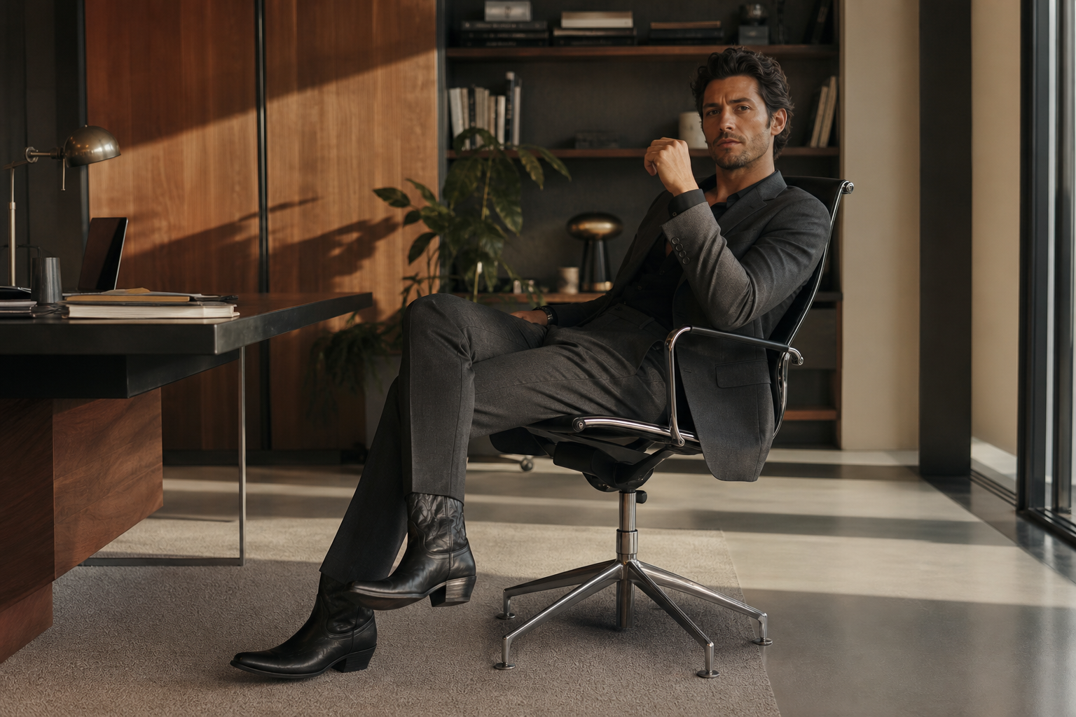 Homme en costume gris anthracite et santiags noires à bout pointu, regard confiant en bureau moderne