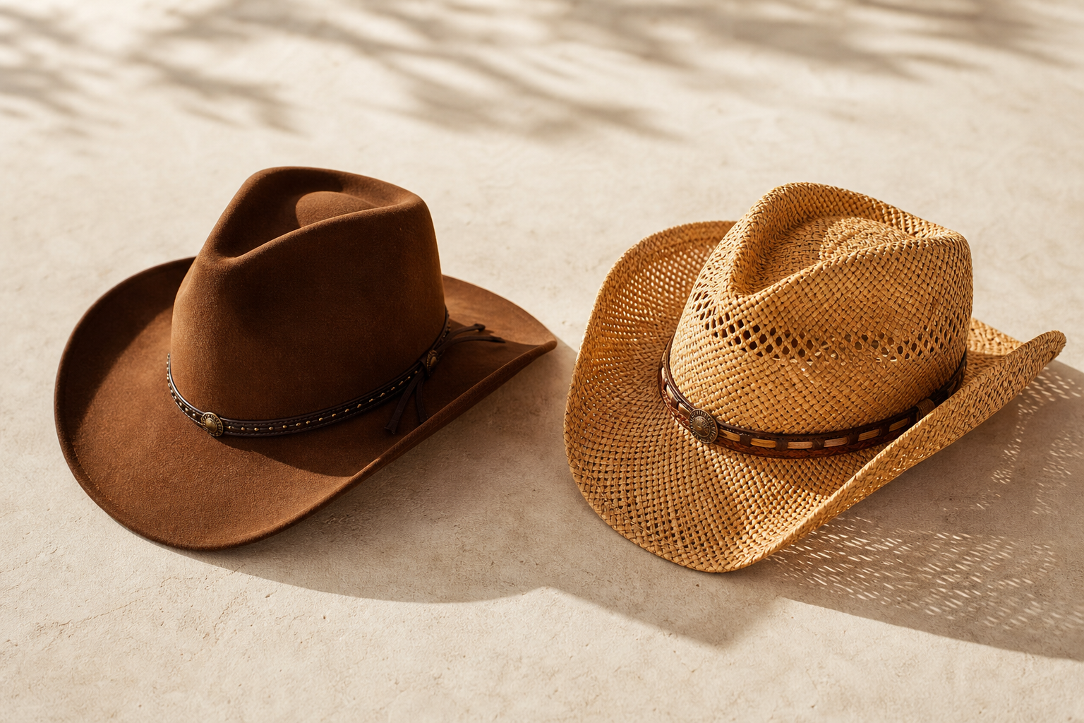 Chapeau cowboy en feutre marron à gauche, chapeau cowboy en paille naturelle à droite, posés sur un fond clair