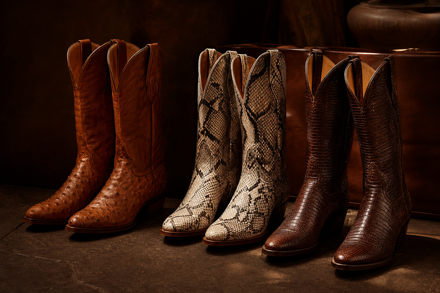 Trois paires de santiags en cuir exotique — pied d'autruche, écaille de serpent et grain lézard — sur fond sombre élégant