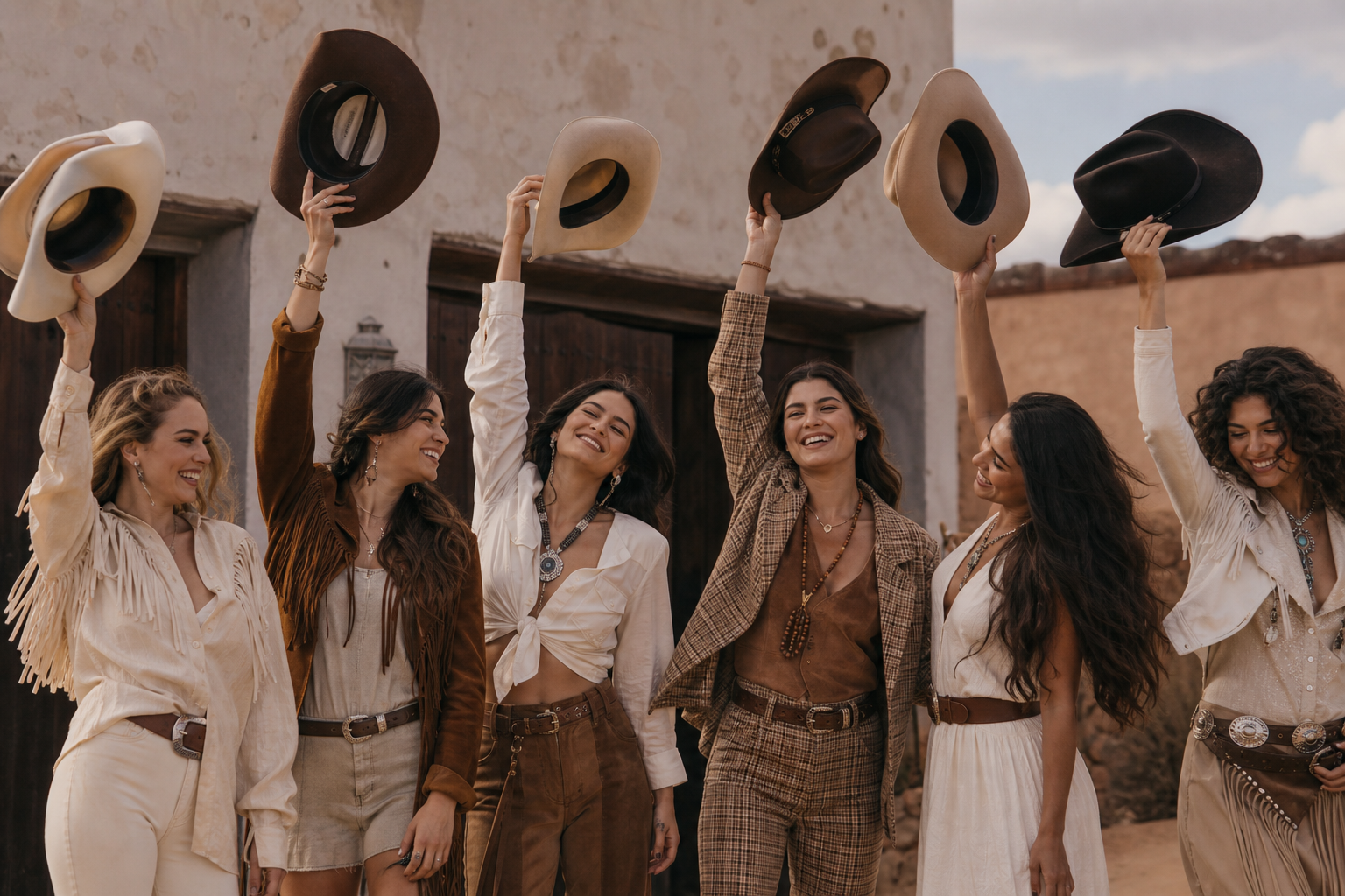 Groupe de femmes en tenues western coordonnées tenant des chapeaux, sourires et ambiance festive