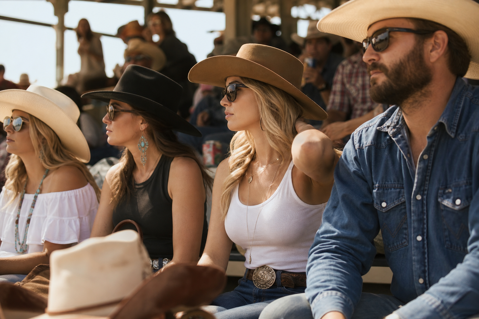 Spectateurs en tenue western authentique dans les gradins d'un rodéo