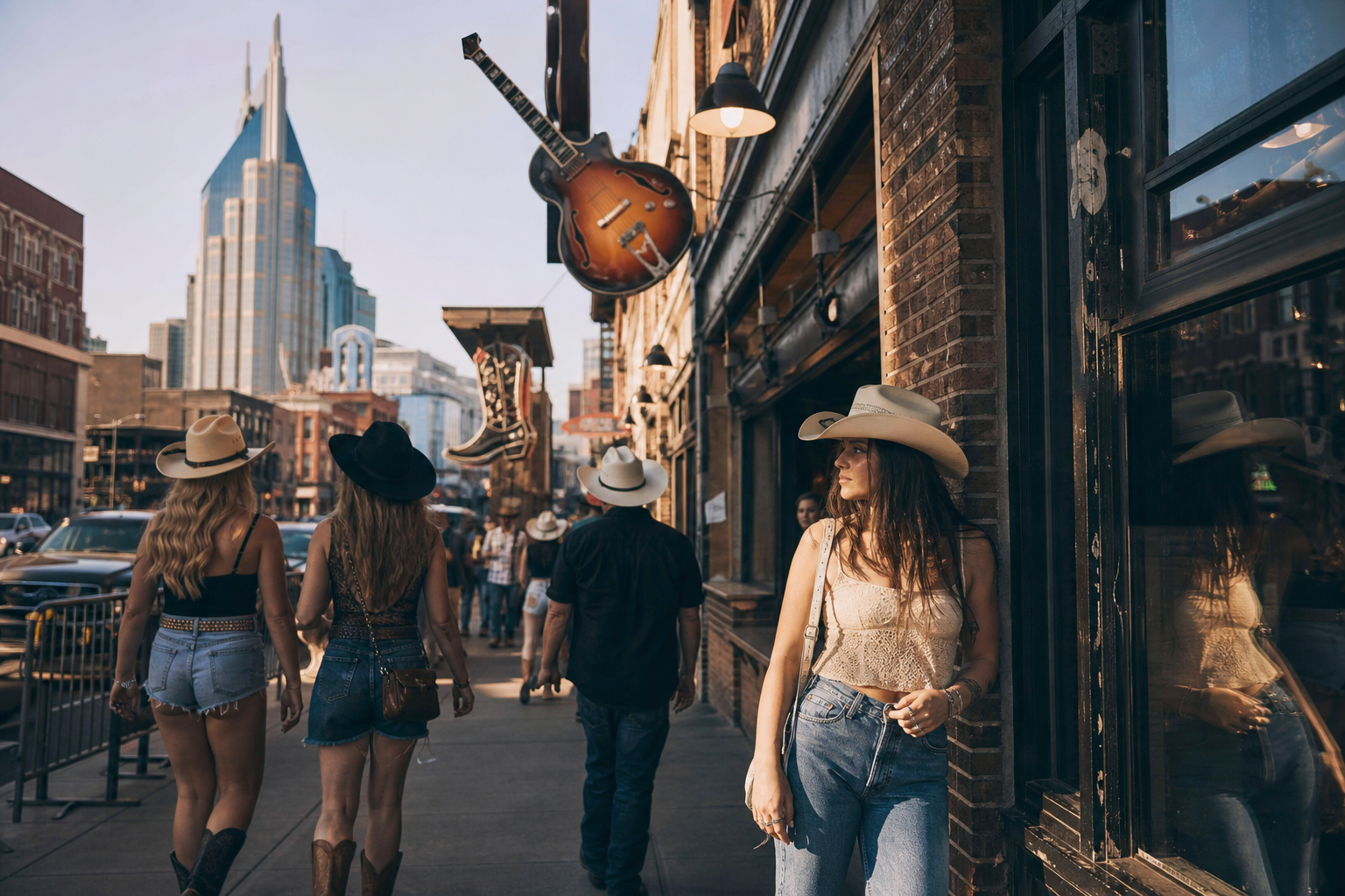 Vue d'une rue de Nashville avec enseignes de bars honky-tonk et passants en tenue western