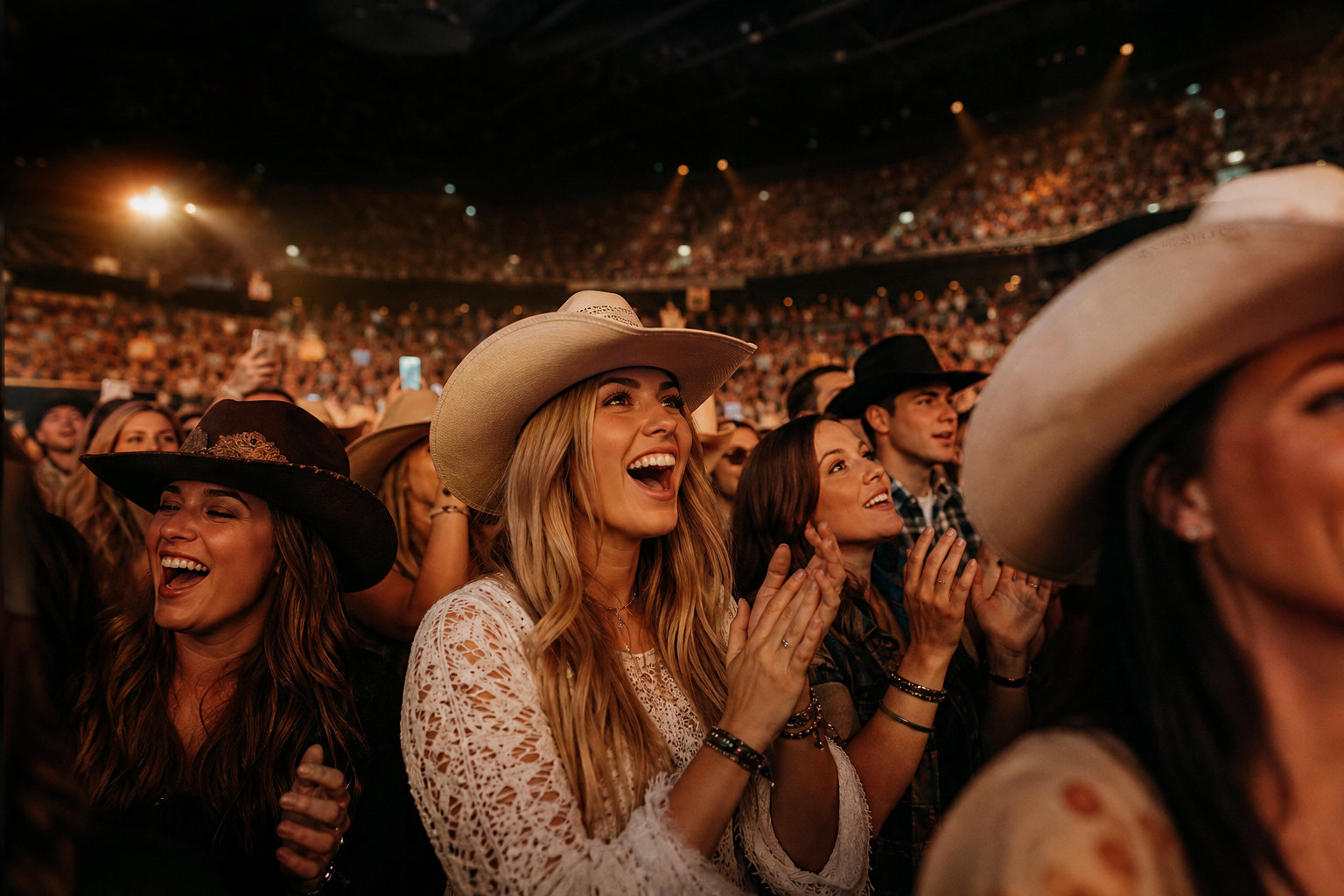 Foule enthousiaste à Country to Country, ambiance salle de concert avec chapeaux cowboy
