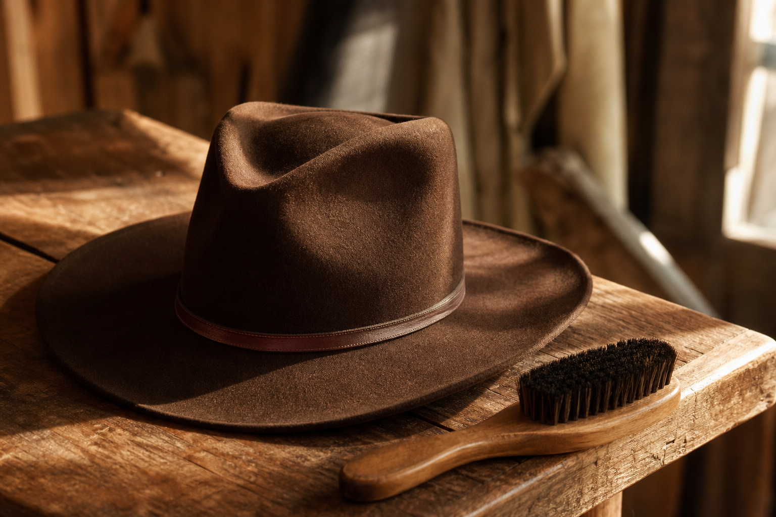 Chapeau cowboy en feutre marron posé sur une surface en bois, brosse à poils doux à côté