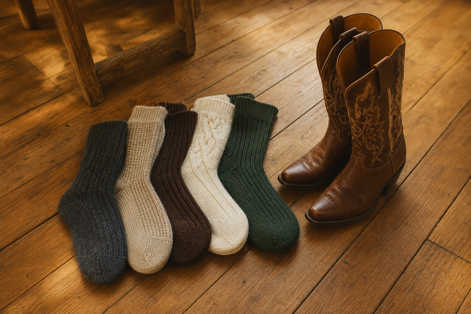 Plusieurs paires de chaussettes hautes en laine et en bambou disposées à côté d'une paire de santiags sur un parquet en bois
