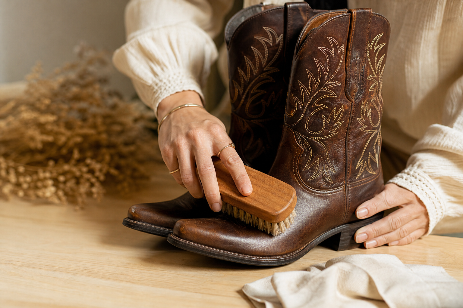 Mains brossant délicatement une paire de santiags avec une brosse à poils doux, surface en bois claire