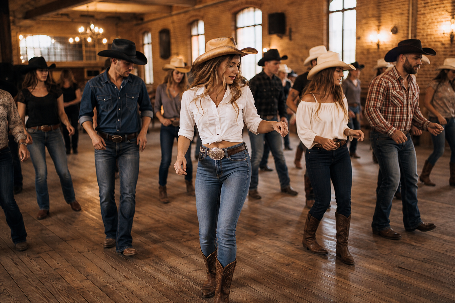 Groupe de danseurs de line dance en tenue western dans une grande salle, formation en lignes, ambiance chaleureuse